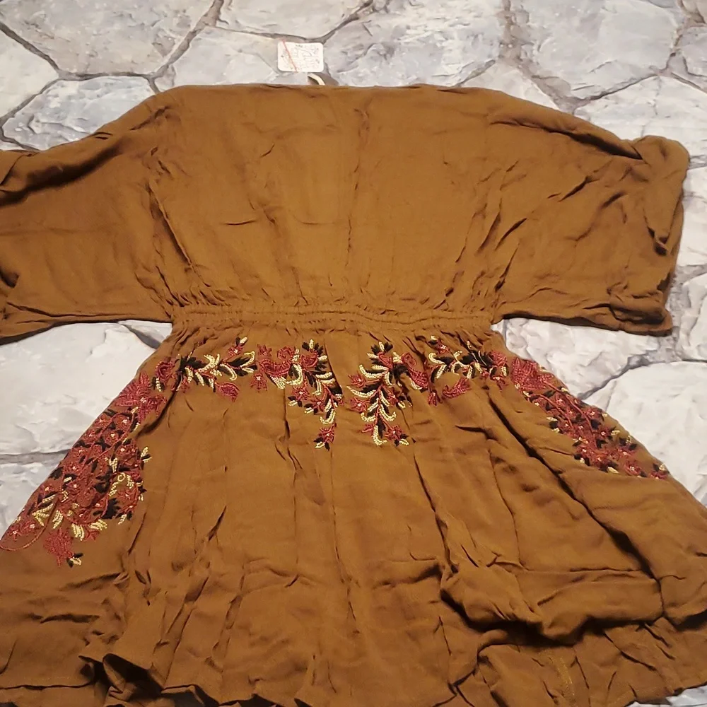 NWT Free People Pretty Pineapple Embroidered Dress S Brown Floral Boho V Neck - Picture 14 of 16